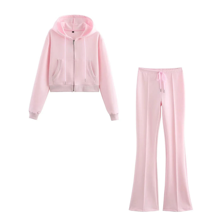 Damen 20+ zweiteiliges Joggingset mit Kapuzen‑Cropped‑Zipjacke und ausgestellter High‑Waist‑Palazzohose Drune