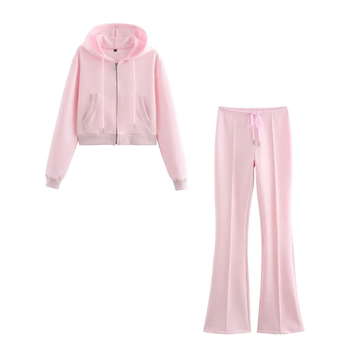 Damen 20+ zweiteiliges Joggingset mit Kapuzen‑Cropped‑Zipjacke und ausgestellter High‑Waist‑Palazzohose Drune