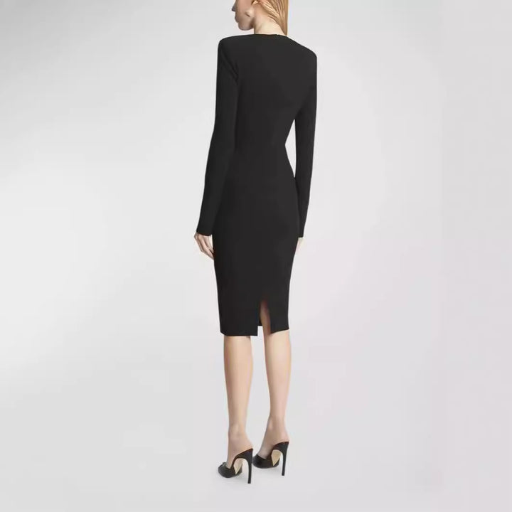Damen Figurbetontes Midikleid mit Rundhalsausschnitt und langen Ärmeln Drune