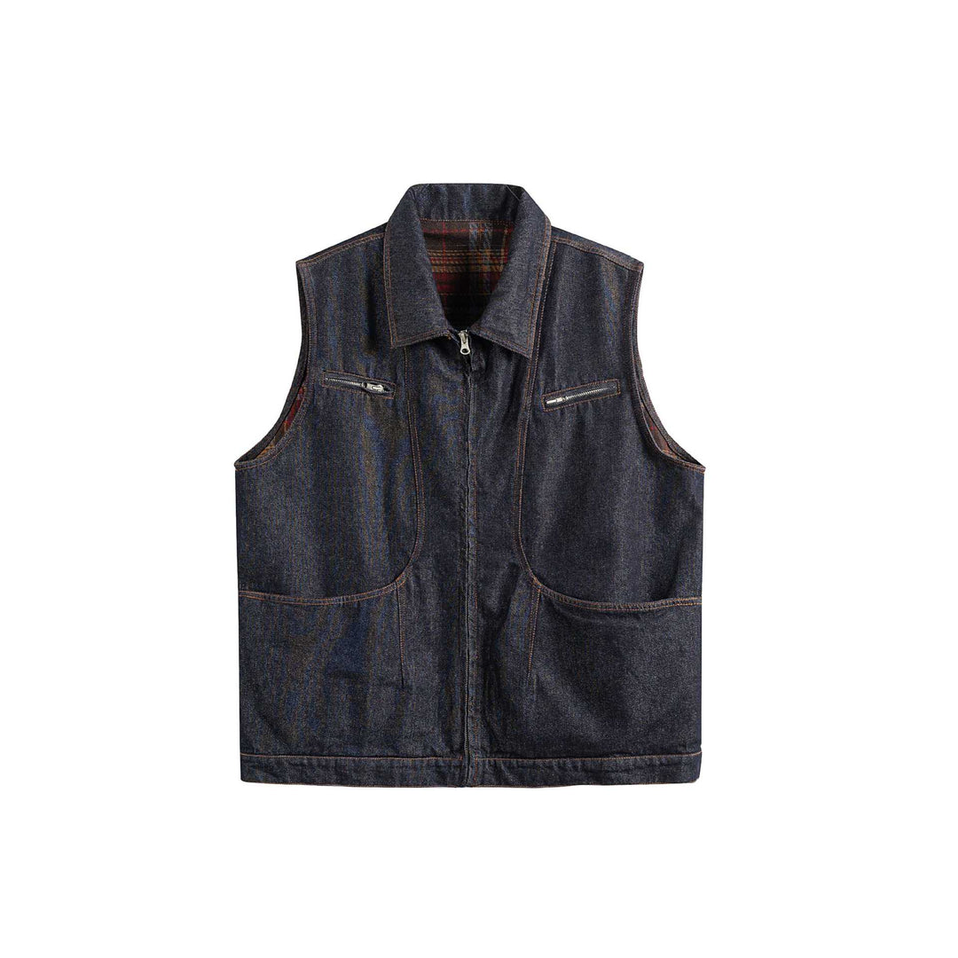 Herren Denim-Weste mit Reißverschluss, großen Pattentaschen und Karofutter Drune