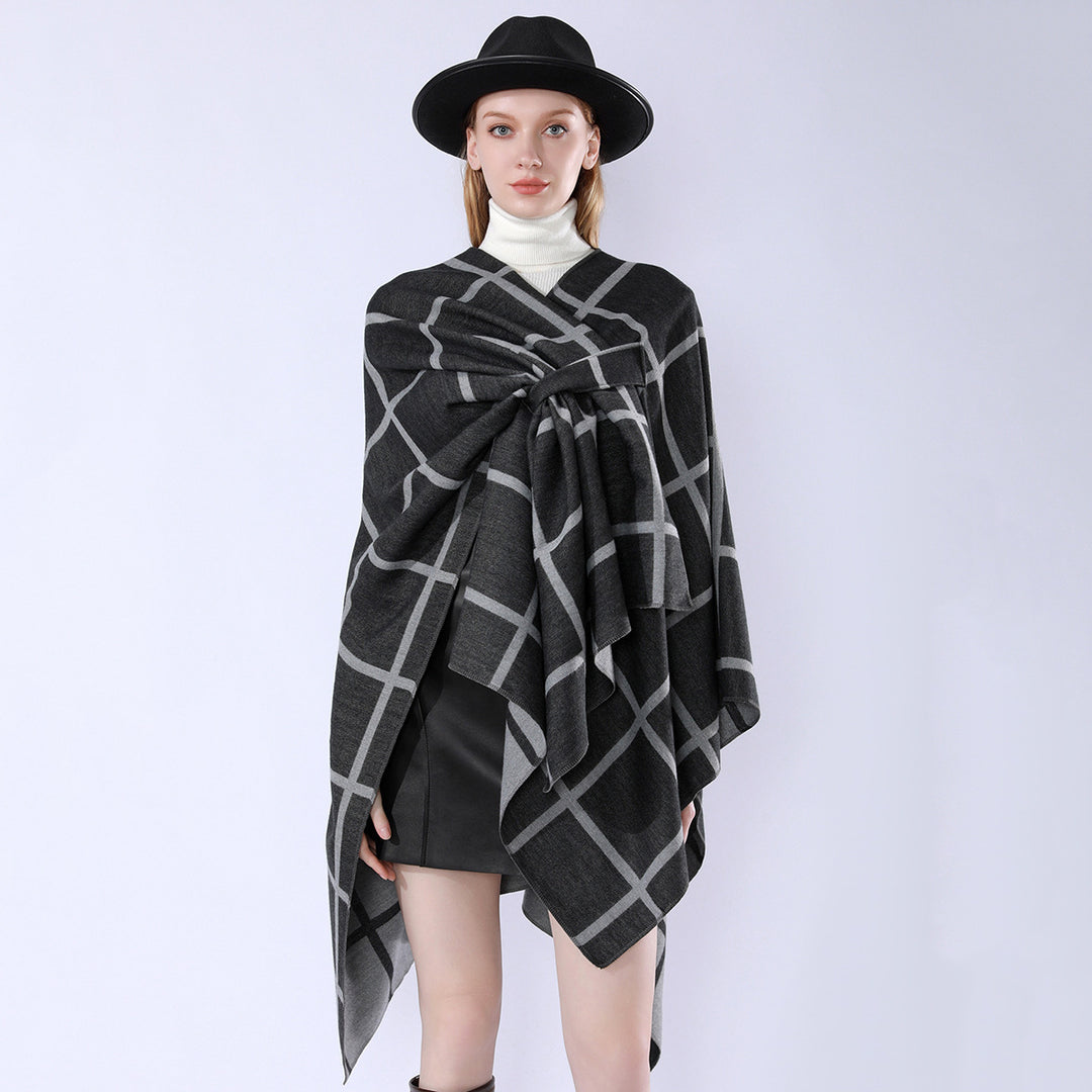 Damen Oversize Wollmix Poncho mit Gürtel und Karomuster Drune