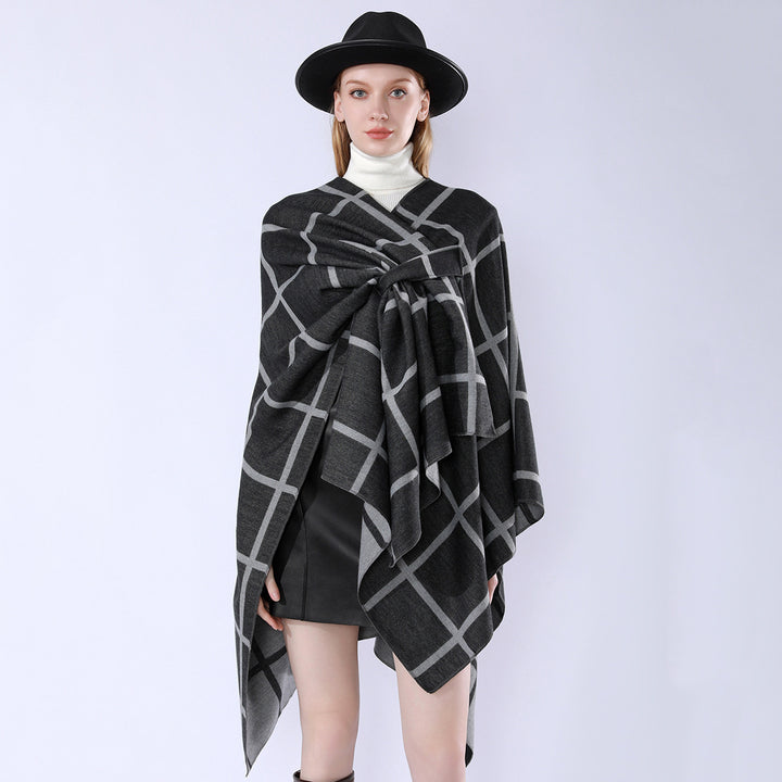 Damen Oversize Wollmix Poncho mit Gürtel und Karomuster Drune