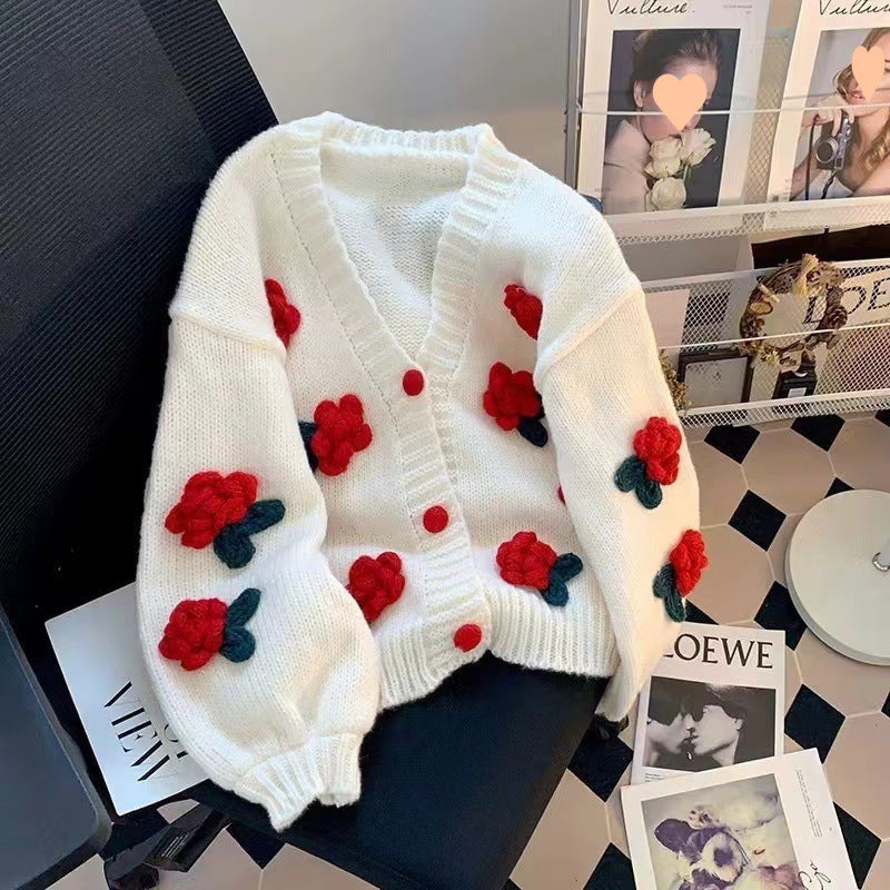 Damen Strickjacke mit Blumenapplikationen und elastischen Ärmeln Drune