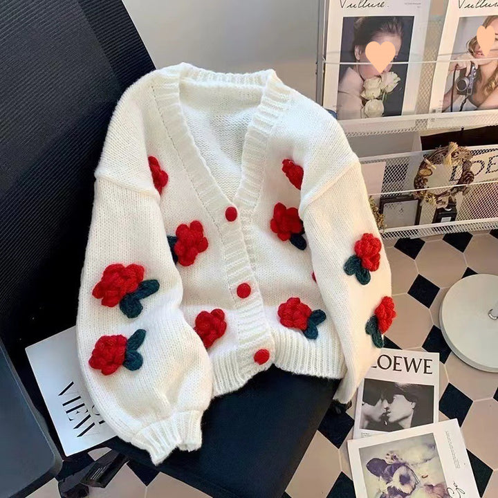 Damen Strickjacke mit Blumenapplikationen und elastischen Ärmeln Drune