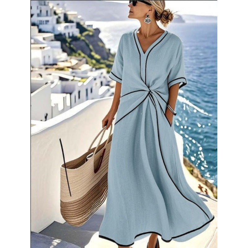 Damen Maxikleid mit V-Ausschnitt, seitlichem Knoten und Kontrastpaspeln Drune