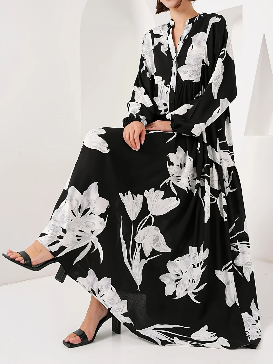 Damen Maxikleid mit floralem Print und elegantem Knopfdesign Drune