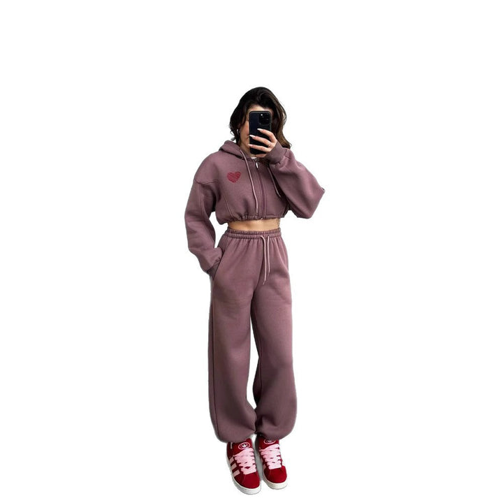 Damen Cropped Kapuzenpullover und hohe Taille Wide-Leg Jogginghose Set Drune