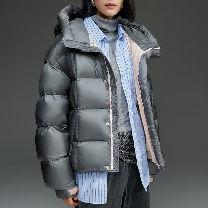 Damen Kurze Boxy‑Steppjacke mit Oversize‑Ärmeln, hohem Thermokragen und Kapuze Drune