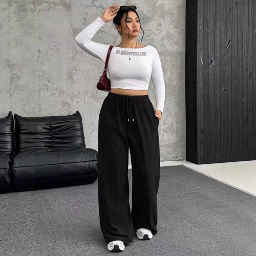 Damen High-Waist weite Beinform Jogginghose Drune