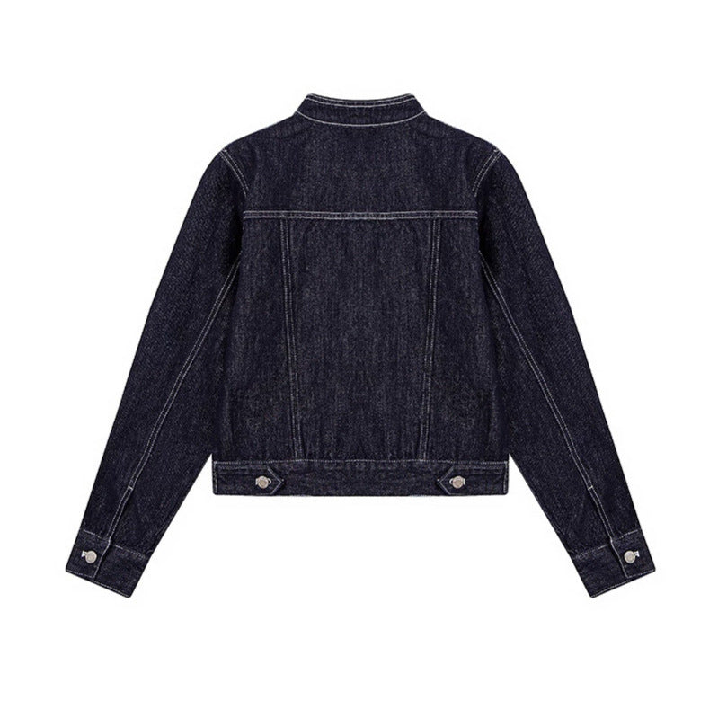 Damen Taillierte Jeansjacke mit Stehkragen, Ziernähten und Metallknopfverschluss Drune