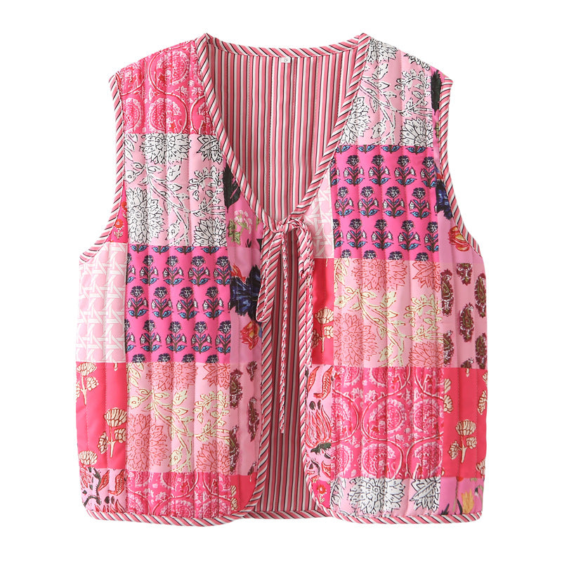 Damen nan gequiltete Patchwork-Weste mit Bindeband und V-Ausschnitt Drune