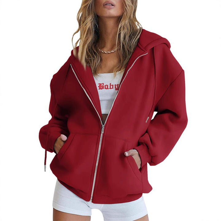 Damen Fleece-Zipjacke im Oversize-Stil mit Kapuze, Kängurutaschen und elastischem Saum Drune