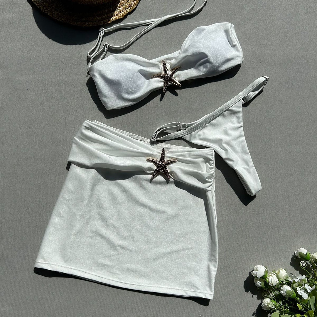 Damen Bandeau-Bikini-Set mit schicker Rüschenverzierung und modischem Rock Drune