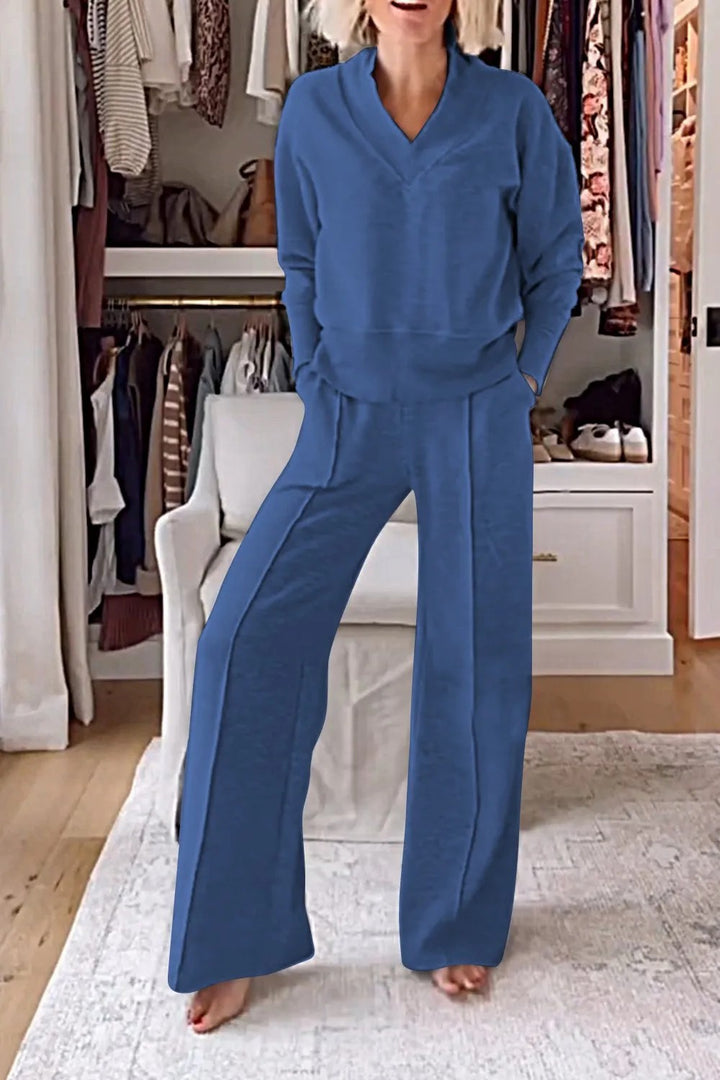 Damen Komfortabler Loungewear-Set mit V-Ausschnitt und weitem Schnitt Drune