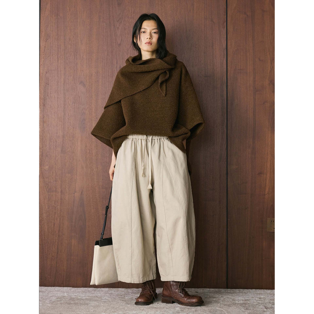 Damen Weite High‑Waist Canvas‑Culotte mit Kordelbund und Ziernähten Drune