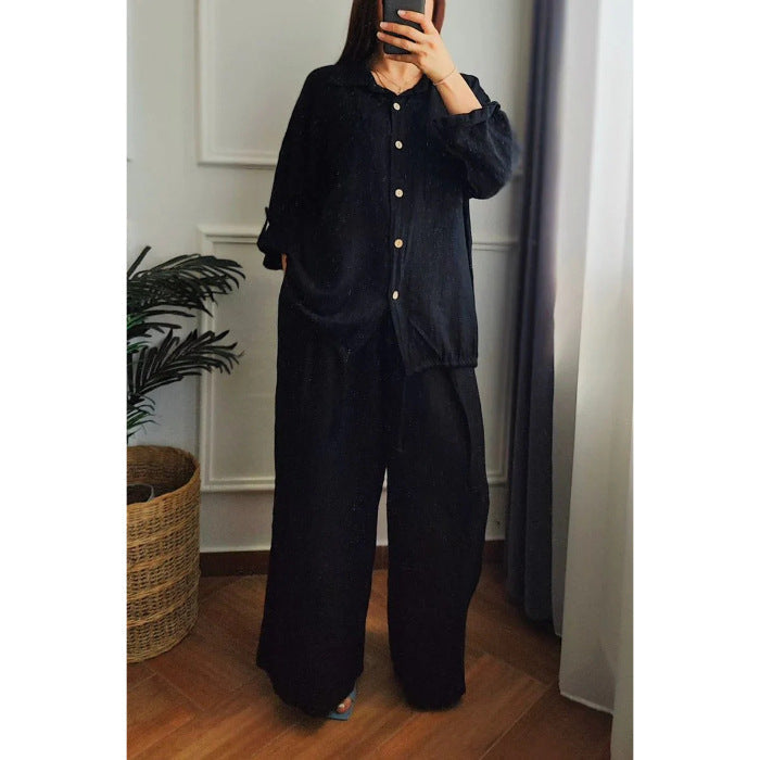 Damen Leinen-Set mit weiten Hosen undlässiger Bluse Drune
