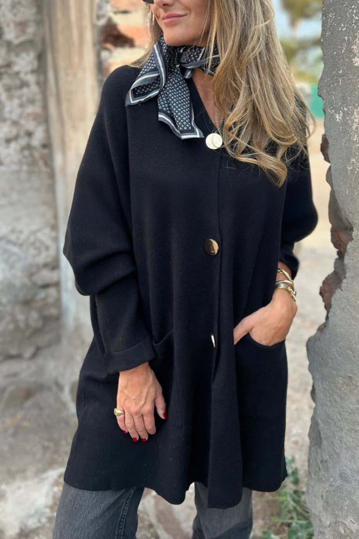 Drune | Lange Unifarbene Einreihige V-Ausschnitt Strickjacke Jacke