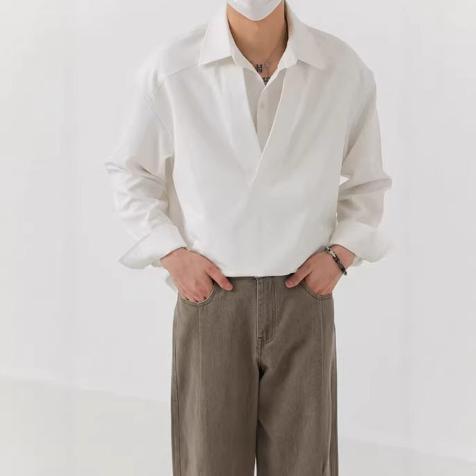 Herren Hemd-Pullover im Oversize-Schnitt mit tiefem V-Ausschnitt und klassischem Kragen Drune