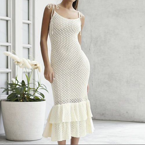 Damen Häkel-Maxikleid mit Volant und verstellbaren Trägern Drune