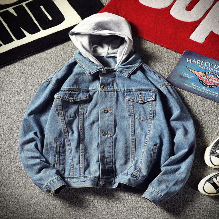 Herren Modische Denimjacke mit Kapuze Drune