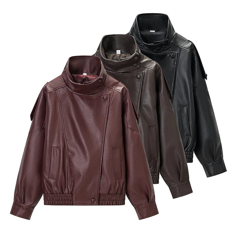 Damen nan oversized Kunstlederblouson mit hohem Stehkragen, asymmetrischer Druckknopfleiste und elastischem Saum Drune