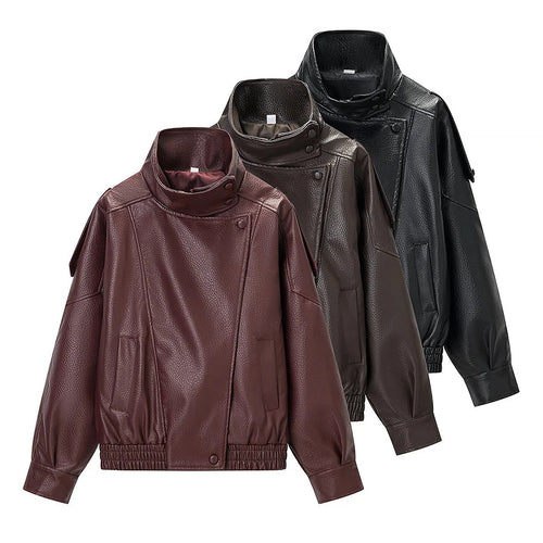 Damen nan oversized Kunstlederblouson mit hohem Stehkragen, asymmetrischer Druckknopfleiste und elastischem Saum Drune