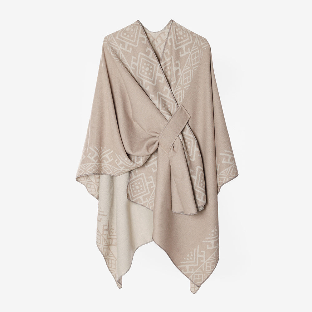 Damen Capeponcho mit Knotenverschluss, doppellagigem Jacquard und weichem Wollmix Drune