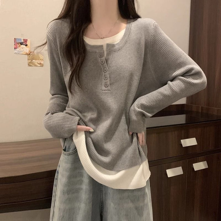 Damen modischer Langarm-Pullover mit Knopfleiste Drune
