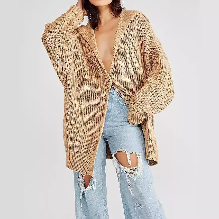 Damen lässige Strickjacke mit lockerer Passform und großen Knöpfen Drune