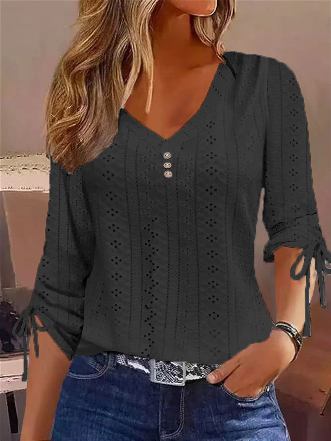 Damen V-Ausschnitt Bluse mit Raffdetails Drune