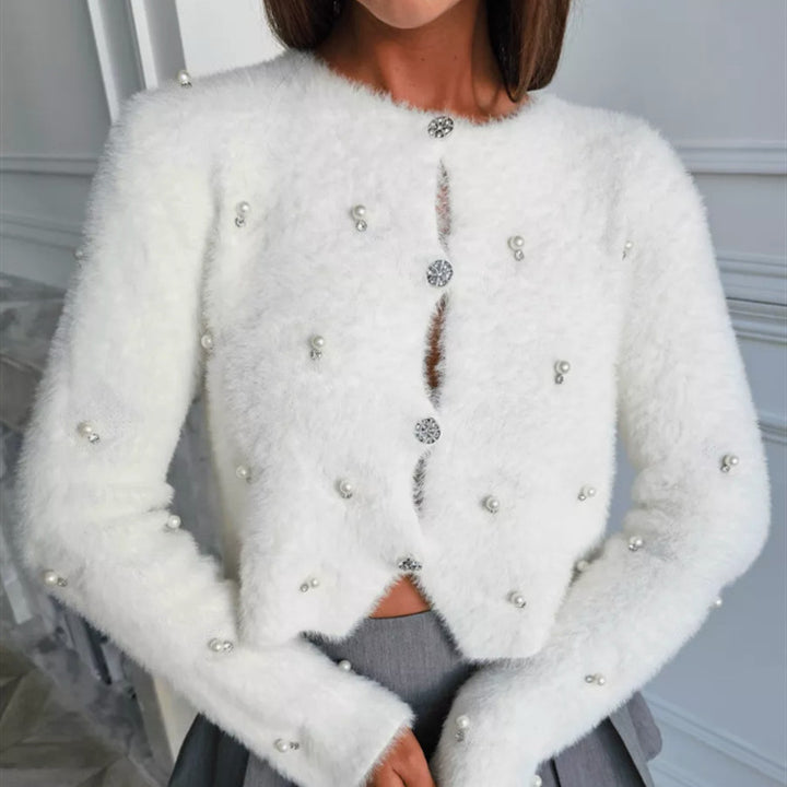 Damen Flauschiger kurzgeschnittener Perlen-Cardigan mit strassbesetzten Schmuckknöpfen Drune