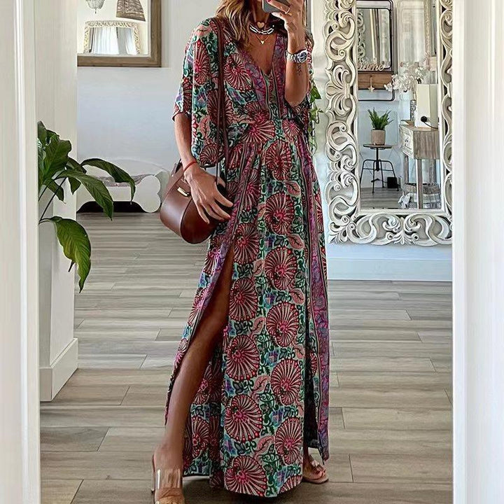 Damen Maxikleid im Boho-Stil mit Wickeleffekt, V-Ausschnitt und hohem Beinschlitz Drune