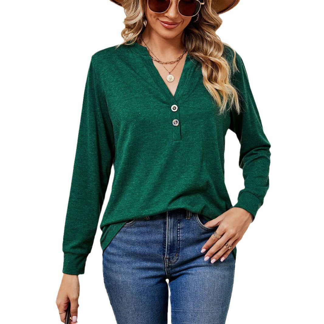 Damen Langarmtop mit modischem Henley-Ausschnitt und Knopfdesign Drune