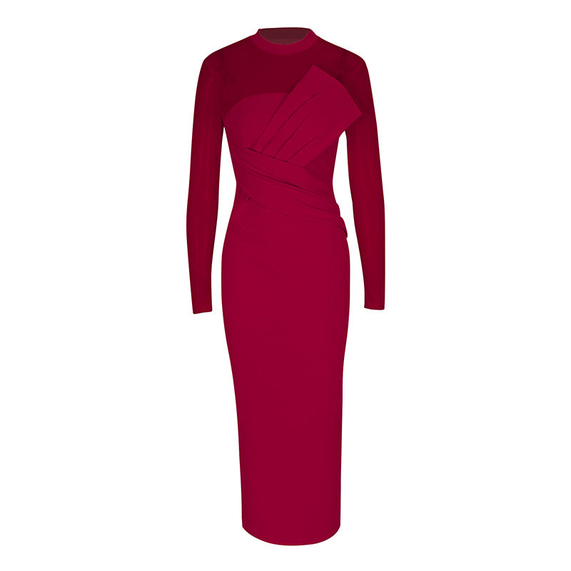 Damen Elegantes Langarm-Midi-Kleid mit raffinierter Drapierung und figurbetonter Silhouette Drune