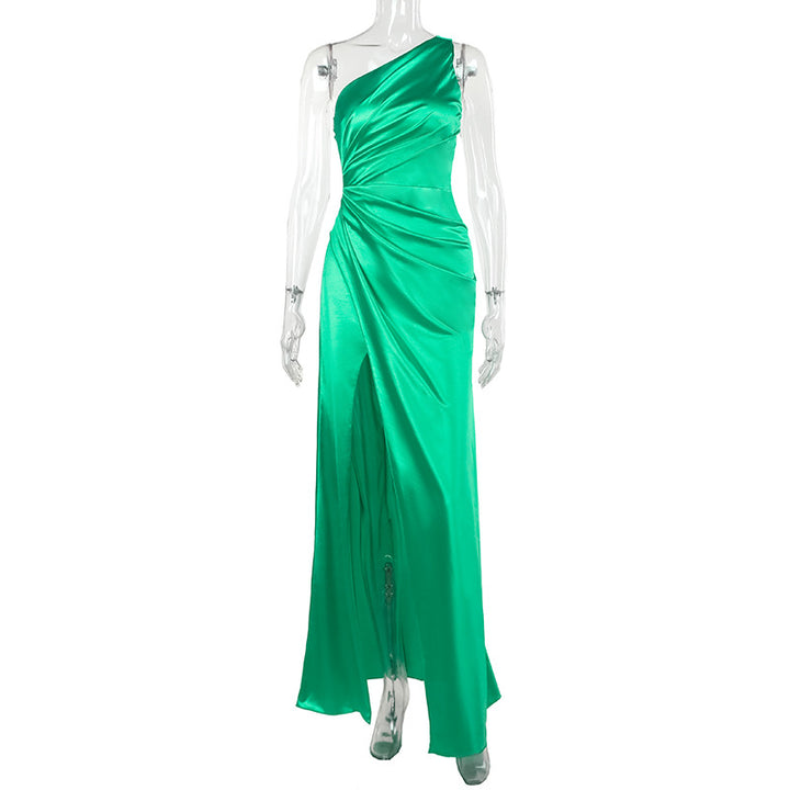 Damen Elegantes One-Shoulder Maxikleid mit drapiertem Design und hohem Schlitz Drune