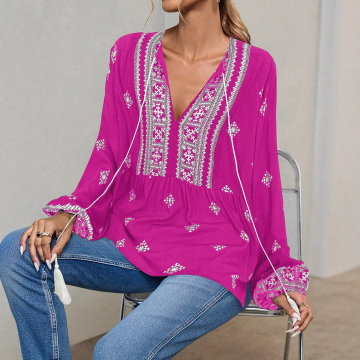 Damen Bestickte Boho-Tunika-Bluse mit Quastenbändern und stufigem Saum Drune