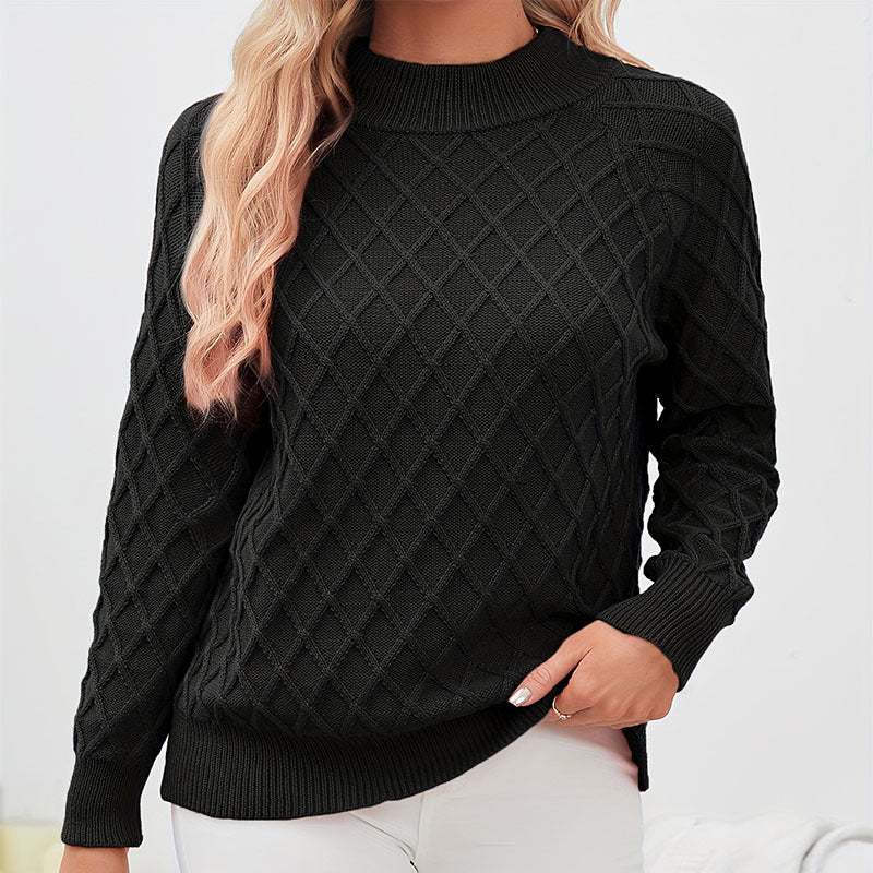 Damen Grobstrickpullover mit trendigem Rautenmuster und hohem Kragen Drune