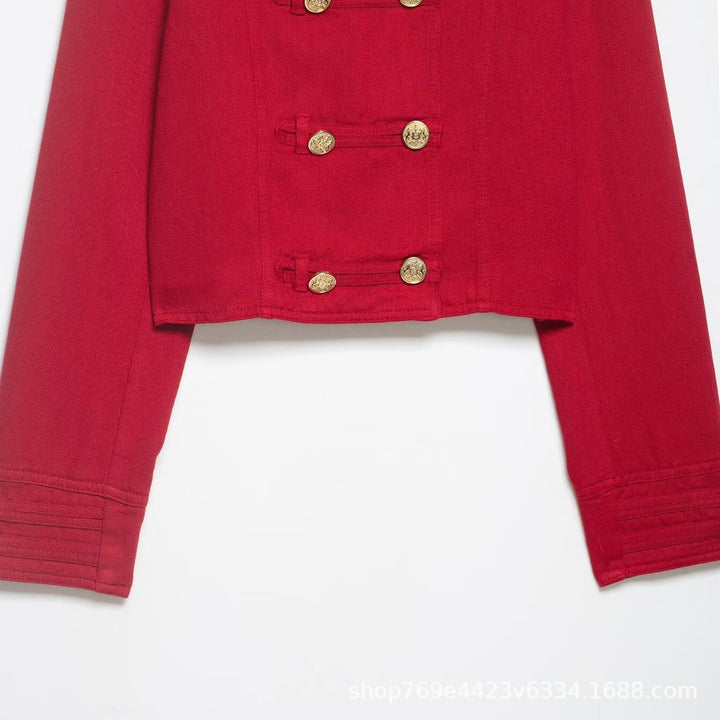 Damen Kurze Militärjacke im Cropped‑Schnitt mit Stehkragen und goldfarbenen Zierknöpfen Drune