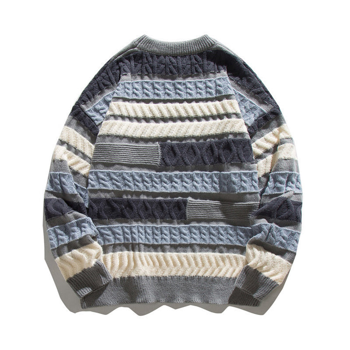 Unisex Oversize Strickpullover mit Patchwork‑Zopfmuster und Rundhalsausschnitt Drune