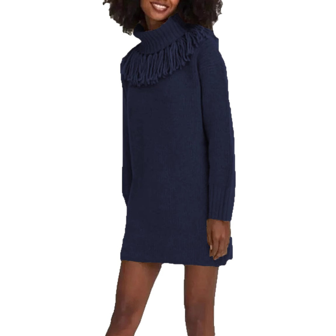 Damen Strickkleid mit dekorativer Fransenkante und hohem Rollkragen Drune
