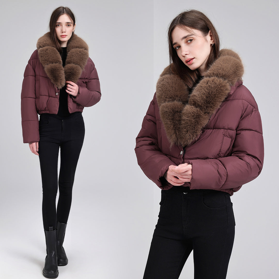 Damen Kurze gesteppte Puffer-Bomberjacke mit extra weitem Kunstfellkragen Drune