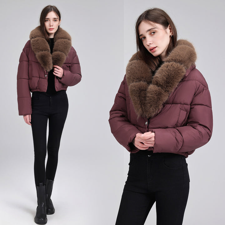 Damen Kurze gesteppte Puffer-Bomberjacke mit extra weitem Kunstfellkragen Drune