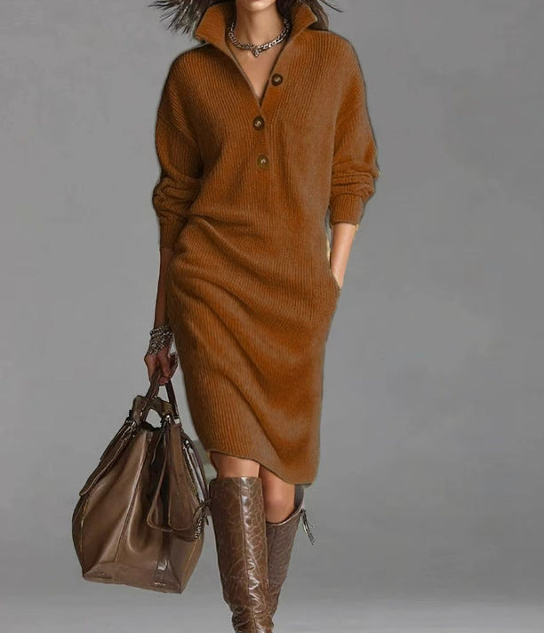 Damen nan gestricktes Pulloverkleid mit Polokragen, Eingrifftaschen und lässiger Passform Drune