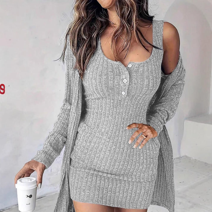 Damen Geripptes Twinset aus figurbetontem Träger-Strickkleid und Offenem Longcardigan Drune