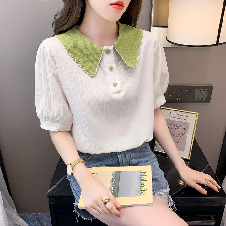 Damen Kurzarm Bluse mit elegantem Kragen und dekorativen Knopfdétails Drune
