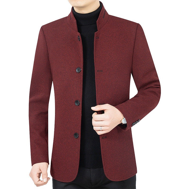 Herren Moderner taillierter Mantel mit Stehkragen und Knopfleiste aus Wollmix Drune