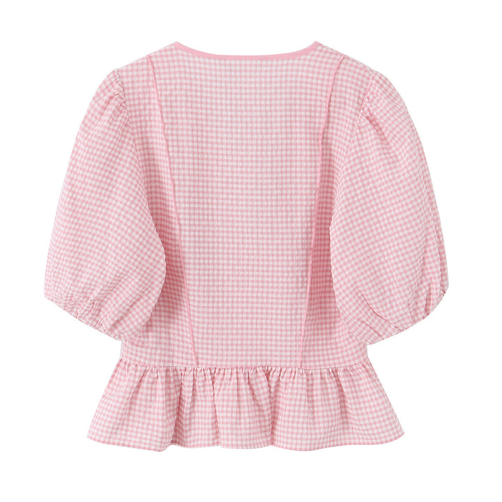 Damen Vichy-Karo Bluse mit tiefem V-Ausschnitt, Puffärmeln und Schößchen Drune