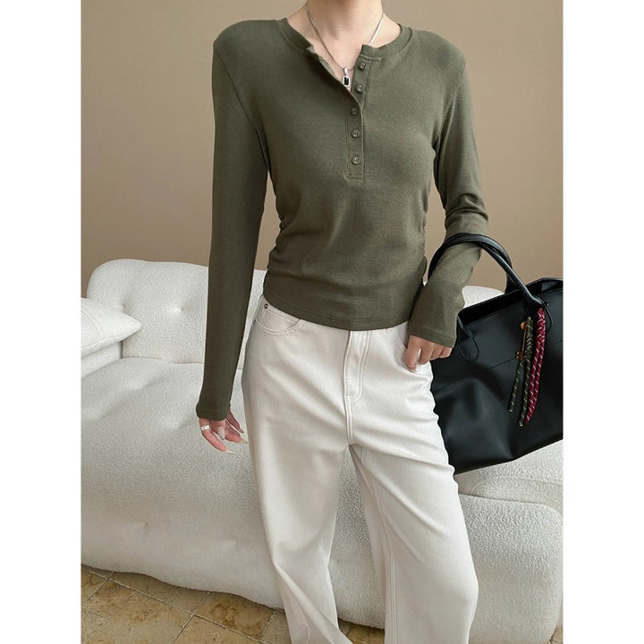 Damen Langarm-Henley-Shirt mit modischen Rippdetails Drune