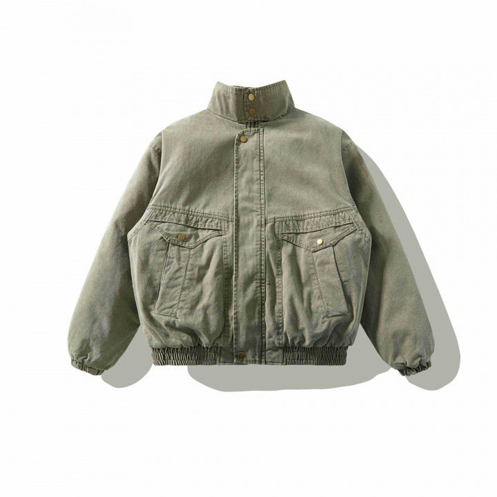 Unisex Weitgeschnittene Canvas-Utility-Jacke mit Stehkragen, Pattentaschen und elastischem Saum Drune