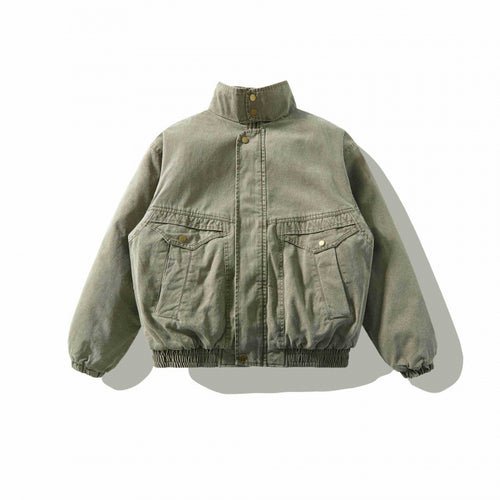 Unisex Weitgeschnittene Canvas-Utility-Jacke mit Stehkragen, Pattentaschen und elastischem Saum Drune